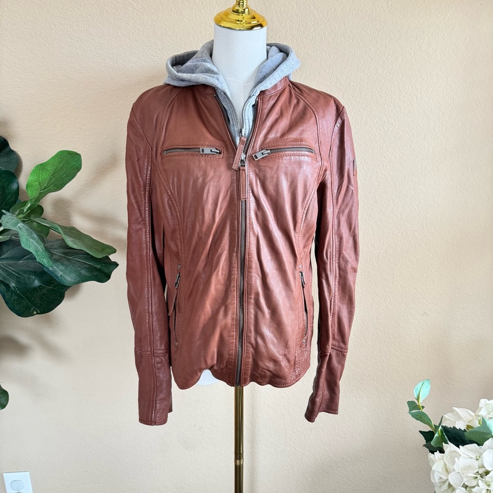 Mauritius Cognac Lamb Leather Moto Jacket Women’s XL Removable Gray Hood